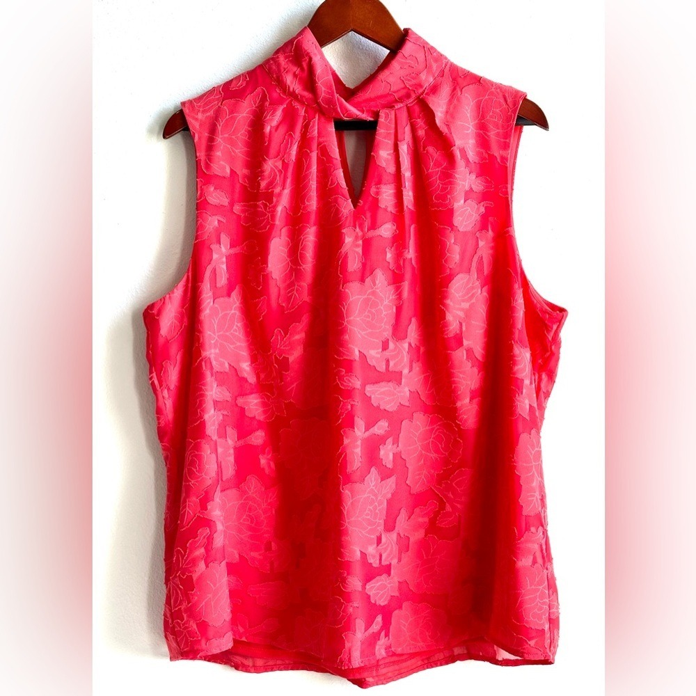 KENAR Bright Red‎ Floral Sleeveless Keyhole Twisted Mock Neck Blouse Women's XL